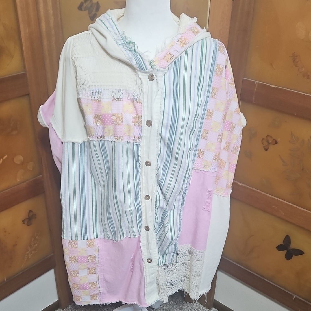Boho Cottagecore Patchwork Button Down Distressed Oversized Hooded Shirt - Picture 15 of 16